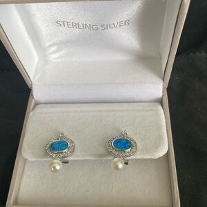 Sterling Silver with lab created Blue Fire Opal, CZ, Pearl Lever back Earrings